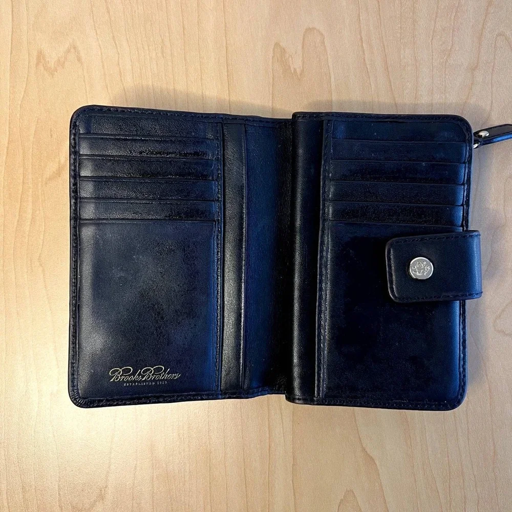 Vintage Brooks Brothers Men's Black Leather Tri Fold Wallet Zip Coin Pocket‎